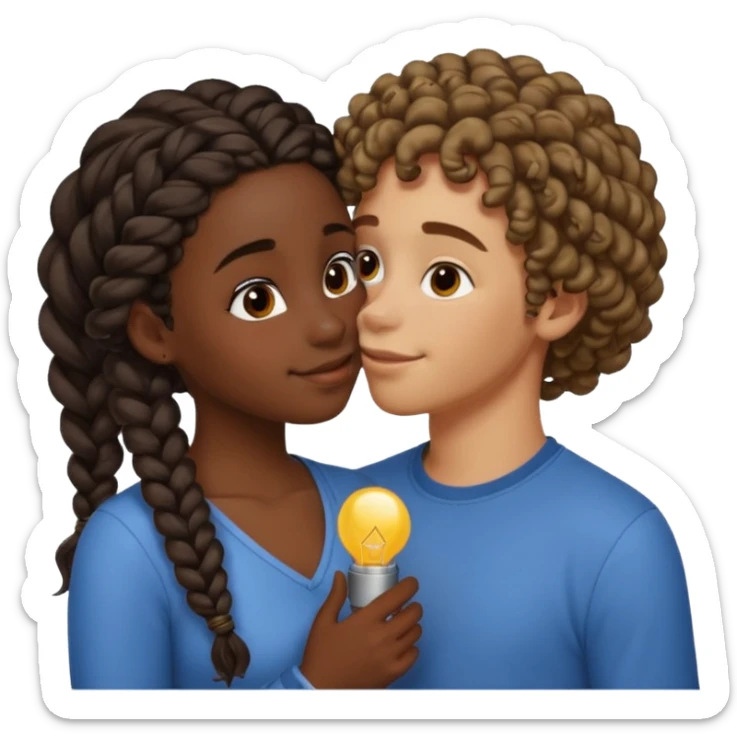 darkskin girl with braids kissing light skin boy with curly hair sticker