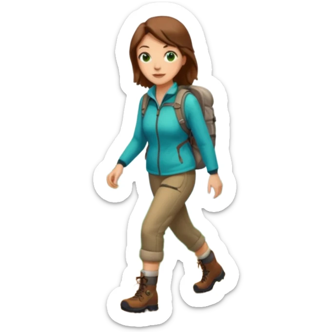 woman hiking in the woods in the sunshine. light face and green eyes. sticker