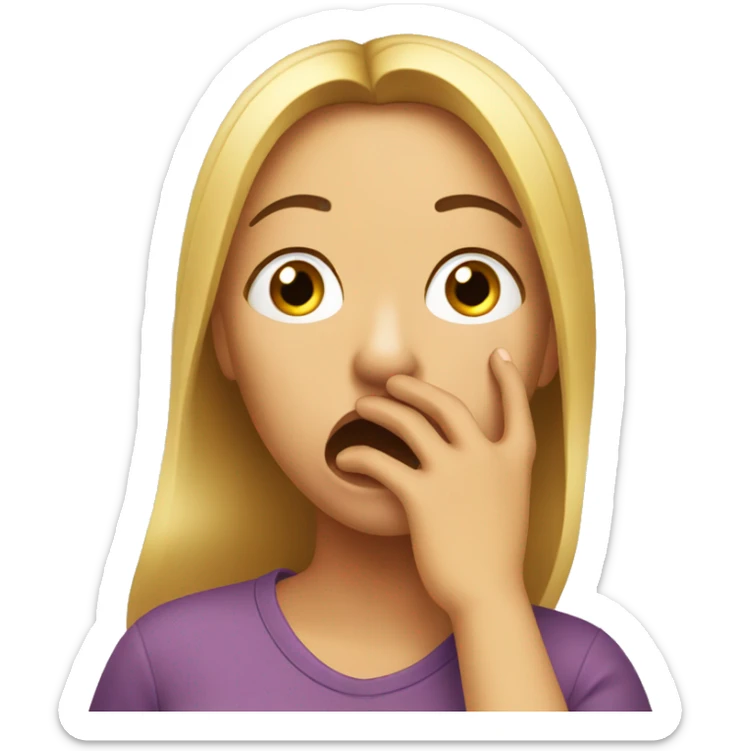 A surprised and slightly tearful woman is covering her mouth sticker