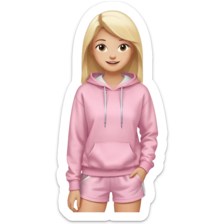 blonde woman, sleek straight hair, soft glam makeup, baby pink hoodie, white shorts sticker