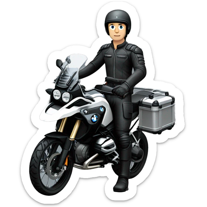 motorcycle bmw gs 1250 black and male rider on bike dark hair blue eyes sticker