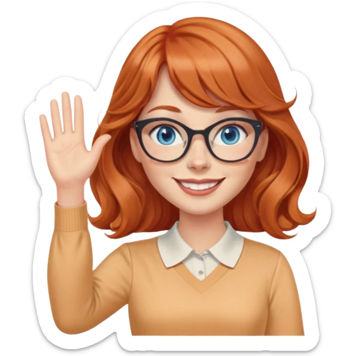 redheaded woman with very long wavy hair and bangs, blue eyes, cat-eye glasses, pencil skirt, apricot blouse, waving, smiling sticker