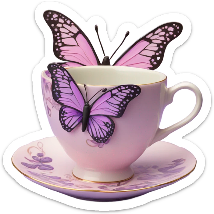 A delicate butterfly with pastel pink wings, resting on the edge of a purple porcelain teacup adorned with intricate violet floral patterns. sticker
