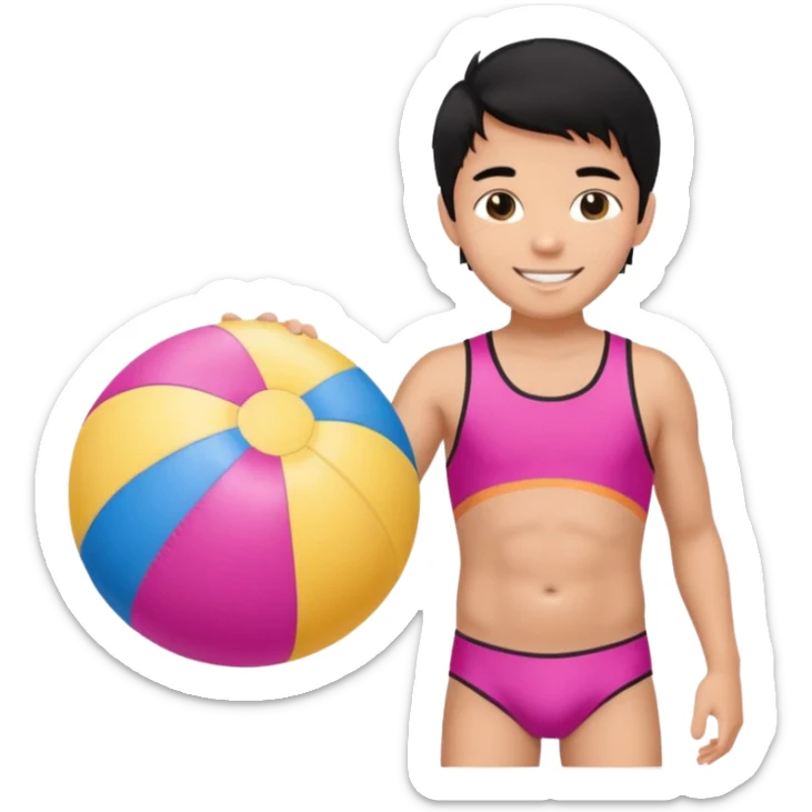 Hawaiian boy with black hair with pink highlights and a swimsuit, with beach ball sticker