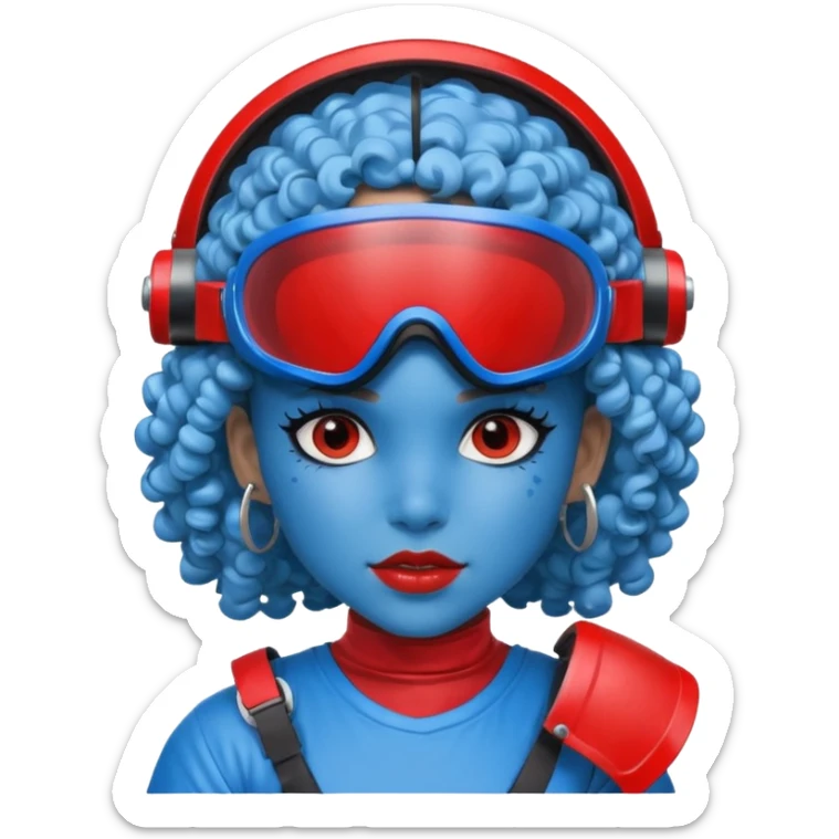 blue curly girl with huge earrings wearing red paintball helmet with eye protection, only face  sticker