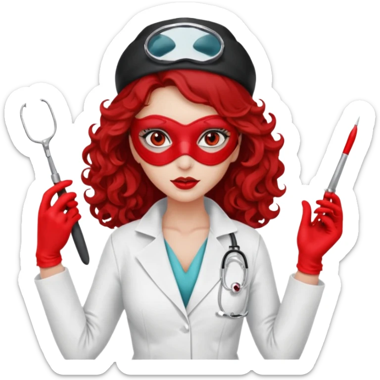 


Scary woman scalpel in hand, evil surgeon sexy surgeon clothes.  She has redcolored  eyes. Her  hair only is free ne brown long curly hair. Wears sexy doctor outfit with red gloves. make her wear red ski mask and nose mask  to hide. Wears white surgeon coat, wears  stilettos sticker