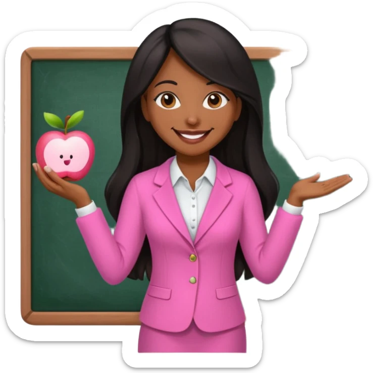 a brown skin teacher with hair with black straight long hair wearing pink not hot pink 2 piece set teaching up on a board the board nothing on the board but a pink apple sticker