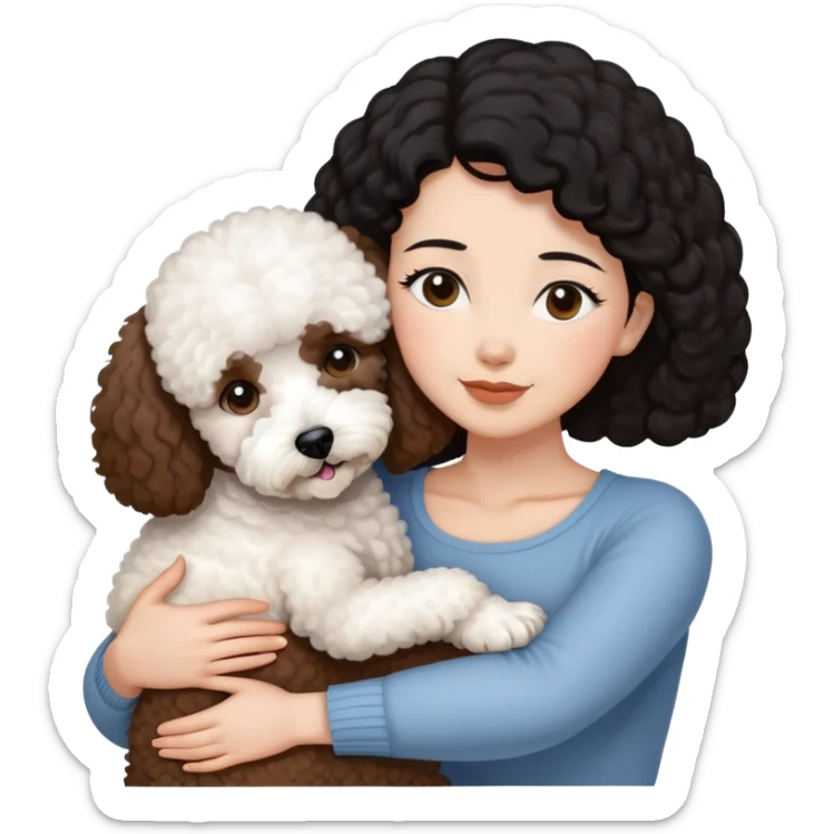 woman with short black hair hugging a brown poodle and a white bichon frise sticker