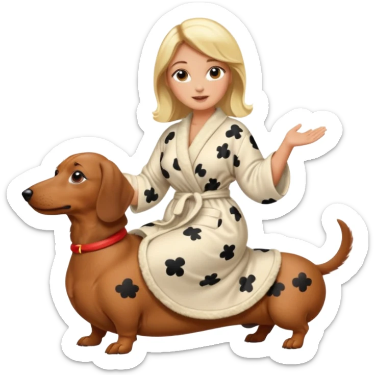 A blonde curvy woman riding on top of a dachshund wearing a robe sticker