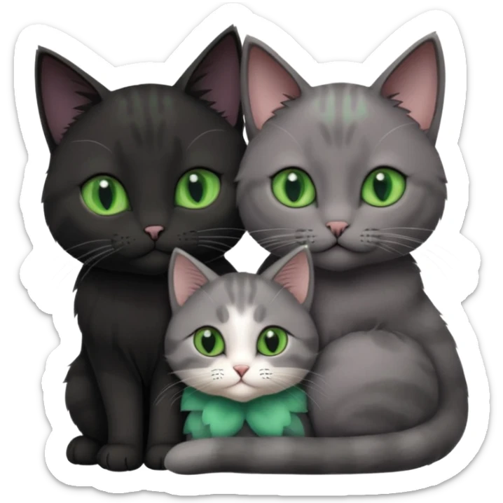 1 regal looking grey cat with pastal green eyes and 1 black with green eyes cat cuddling sticker