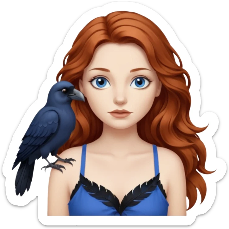 Constantine and Long wavy Auburn hair woman BLUE eyes wearing blue cami and a crow sticker