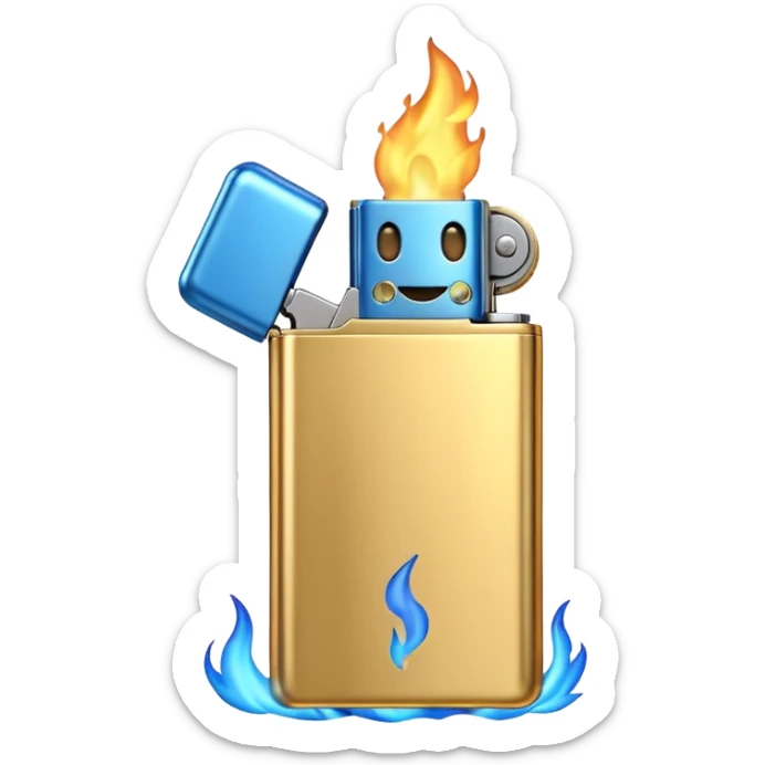 3D emoji icon of a golden metallic lighter with a blue flame, high quality, 3D render, minimalist white background sticker