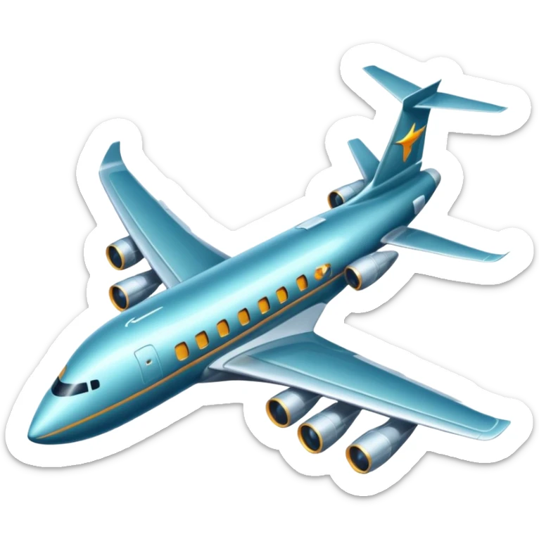 A wide-body aircraft with tall tail fins and glowing cabin windows cruising at high altitude.
 sticker