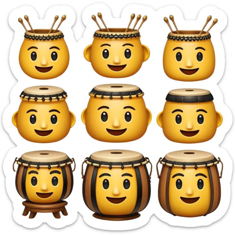 Cinematic Realistic Gamelan Pop Culture Emoji, depicted with an ensemble of traditional Indonesian instruments rendered with rich textures and rhythmic, cultural lighting. sticker