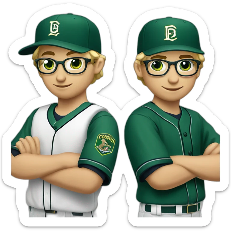 Blonde male short hair with glasses Dark green baseball uniform with hat Blue eyes a cobra snake logo with "C". waist up with a laptop behind the shoulder sticker