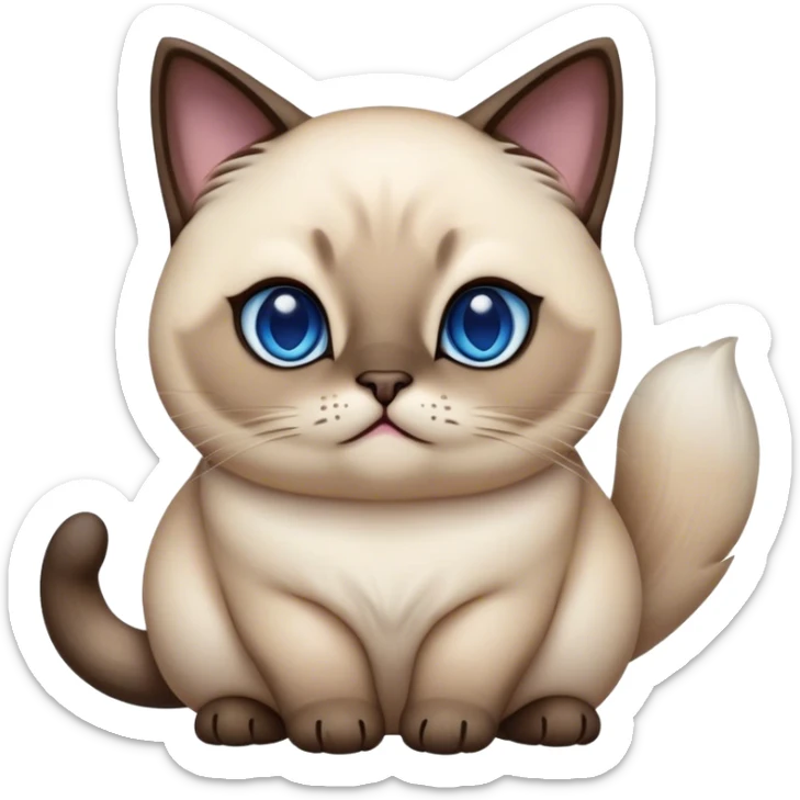 Cinematic Cute Chubby Siamese Cat Portrait Emoji, Round and plump body, soft cream-colored fur with rich dark points on the ears, face, paws, and tail, big, sparkling sapphire-blue eyes, Simplified yet irresistibly adorable features, highly detailed, glowing with a warm, cozy glow, high shine, curious yet calm, stylized with a touch of whimsy, bright and endearing, soft glowing outline, capturing the essence of a mischievous yet lazy and loveable kitty, so cuddly it feels like it could waddle right out of the screen for a snuggle! sticker