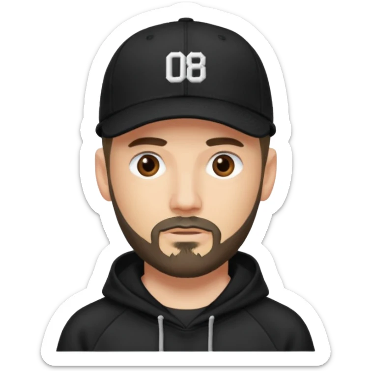 Hombre con la cara borrosa, con barba fina y perilla, gorra negra de baseball bordada con un 08, y sudadera negra sticker