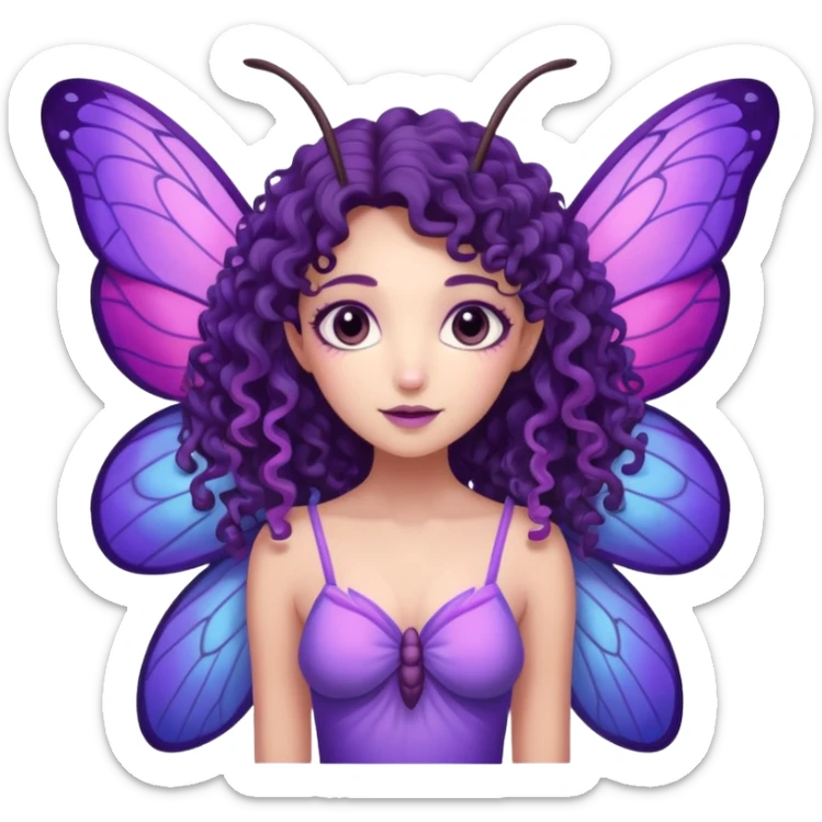 moth fairy with dark curly hair, light purple skin, and moth wings of blue purple and pink. she has moth antenna sticker