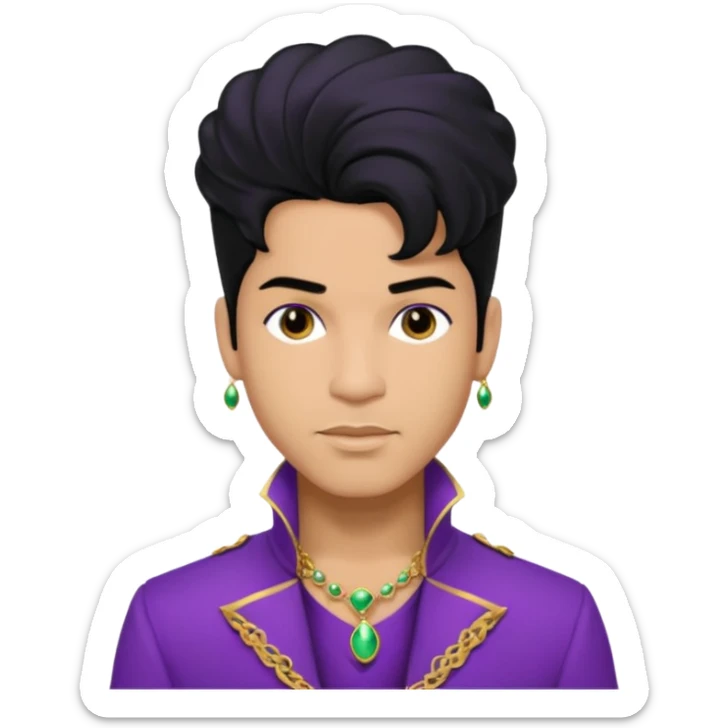 Prince Rogers Nelson with olive skin, black hair, purple outfit sticker