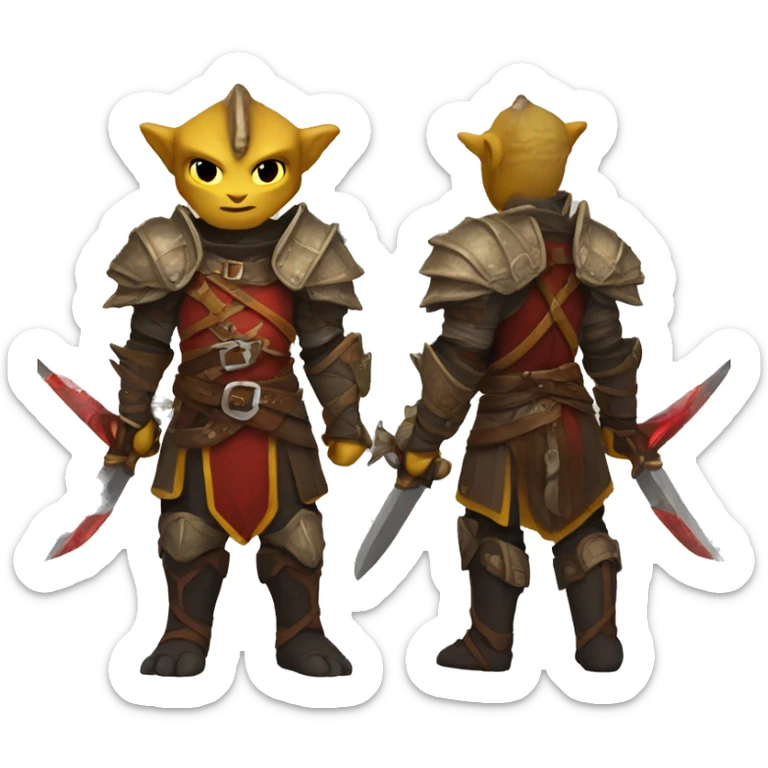 Dragonborn fighter with twin swords  with red blades and yellow Handel  sticker
