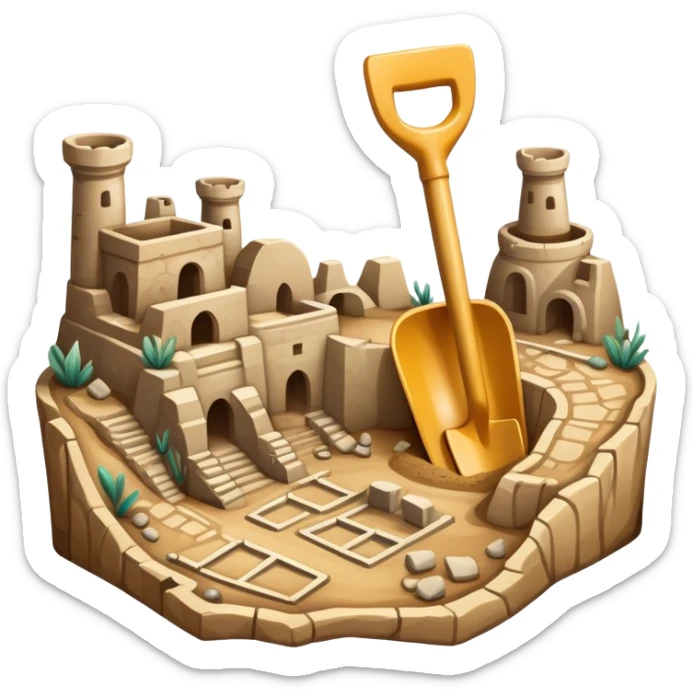 An icon showing an ancient city excavation site with a shovel, an old map, and uncovered ancient amphoras. The design captures the thrill of uncovering historical treasures and ruins. Transparent background highlights the excitement of archaeological discovery. sticker