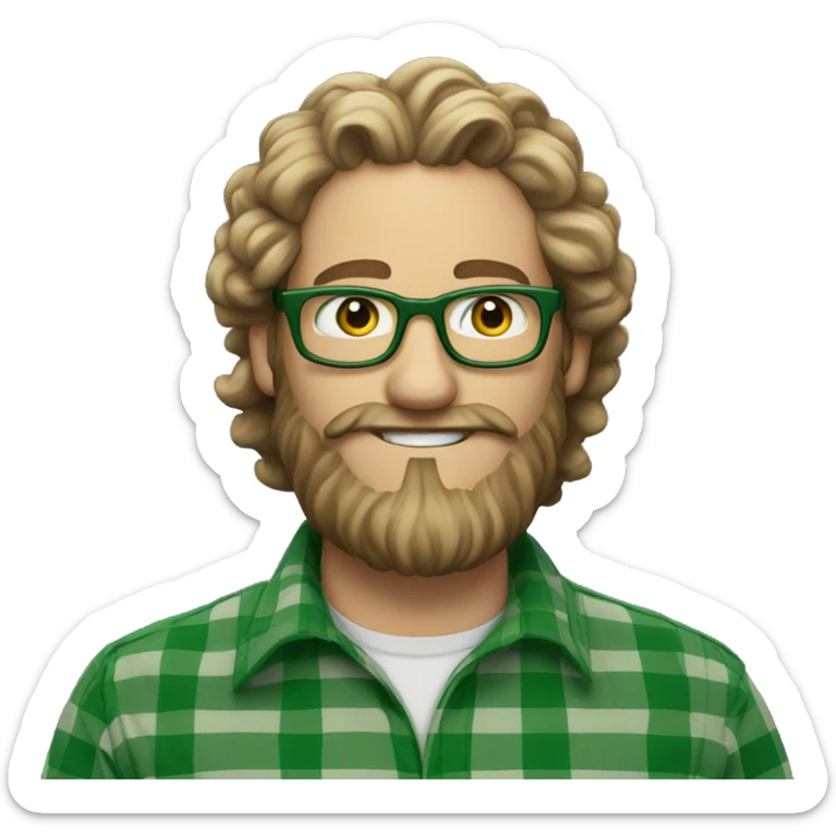 An emoji of a white man with long curly hair tied into a bun, wearing green prescription glasses. He also has a long beard and is wearing a green plaid shirt. sticker