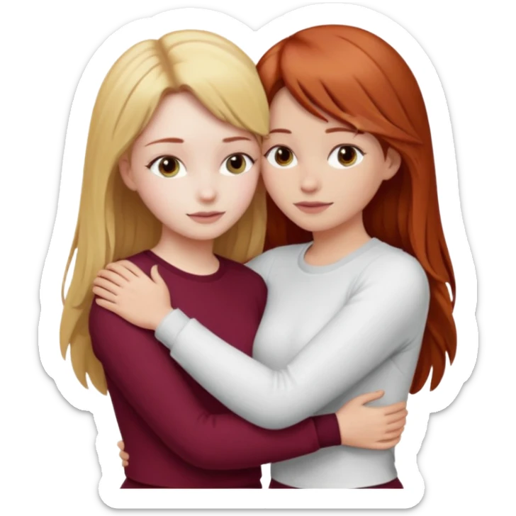 two girls who hug eachother. one has auburn hair with blonde highlights and very pale skin, other has medium-fair skin and blonde hair. first one is wearing white outfit and the second one is wearing a burgundy outfit sticker