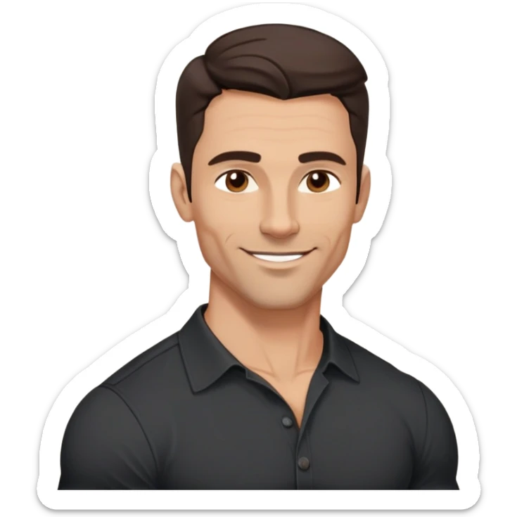 Very fit muscular 40-year-old with youthful looks, light brown skin, elongated face, strong defined jawline, charming confident smile, medium dark eyes, arched eyebrows, straight nose, buff physique, medium wavy dark hair, wearing a slightly tight black button-up shirt sticker