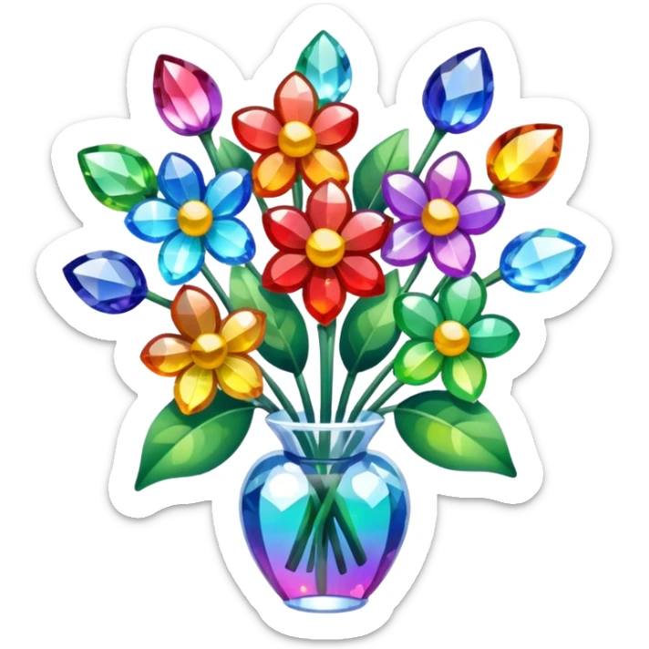 a bouquet of crystal flowers shimmering with rainbow colors, Apple emoji style sticker