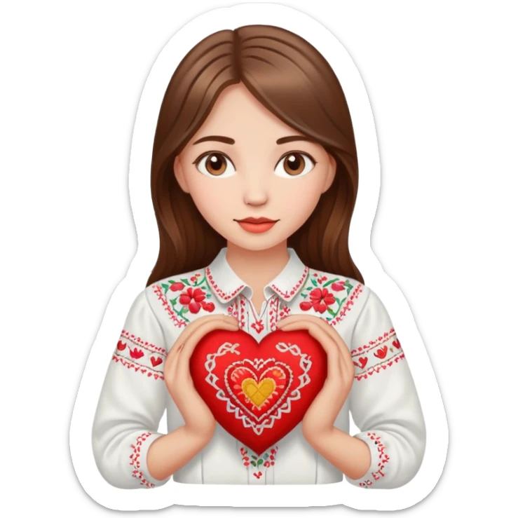 Beautiful young girl with brown hair in a white Ukrainian embroidered shirt holding a large embroidered heart sticker