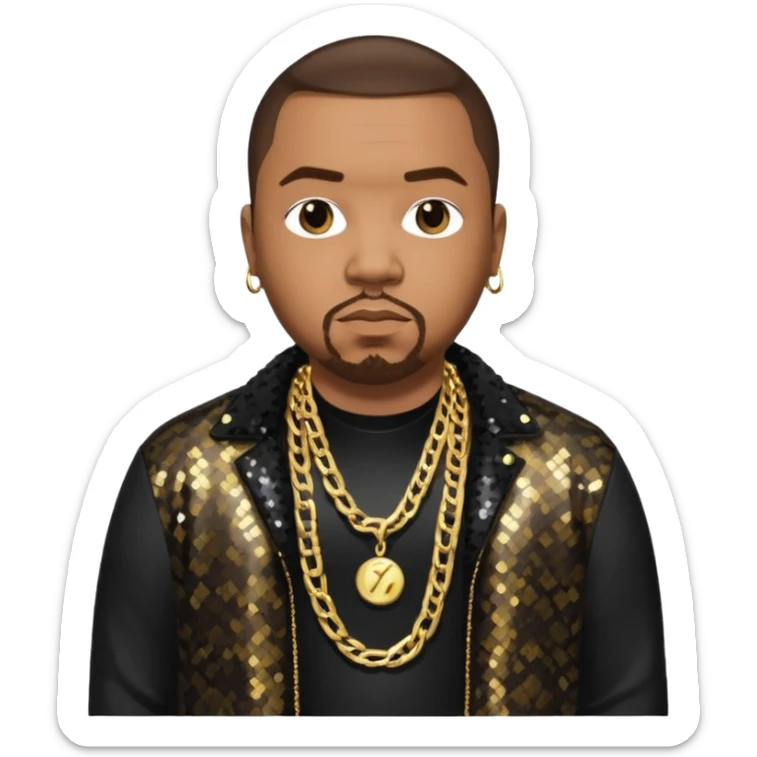 Timbaland with dark brown hair, black sequin jacket, black shirt with necklace sticker
