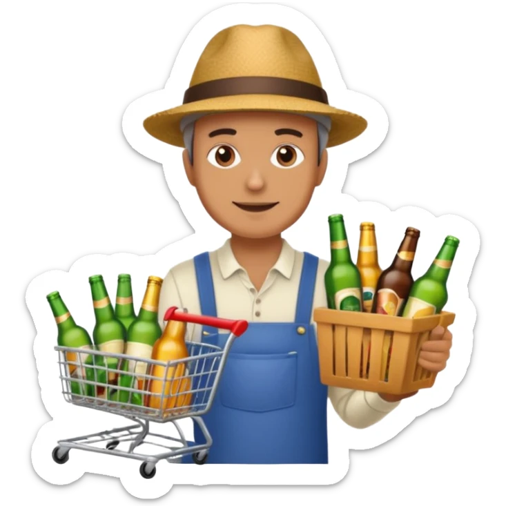 man with a shopping cart full of beers and wines sticker