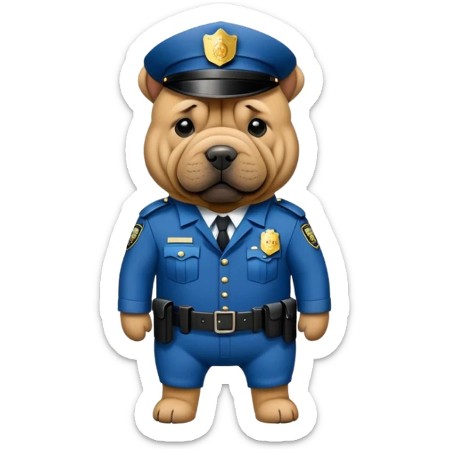 Crea un sticker de perro shar pei con traje de policía vigilante sticker