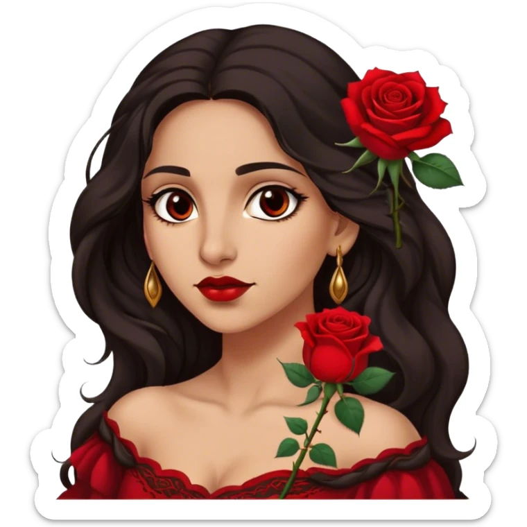 A Romani woman with long, wavy dark hair and a single red rose behind one ear. She has deep eyes and a confident, mysterious expression sticker