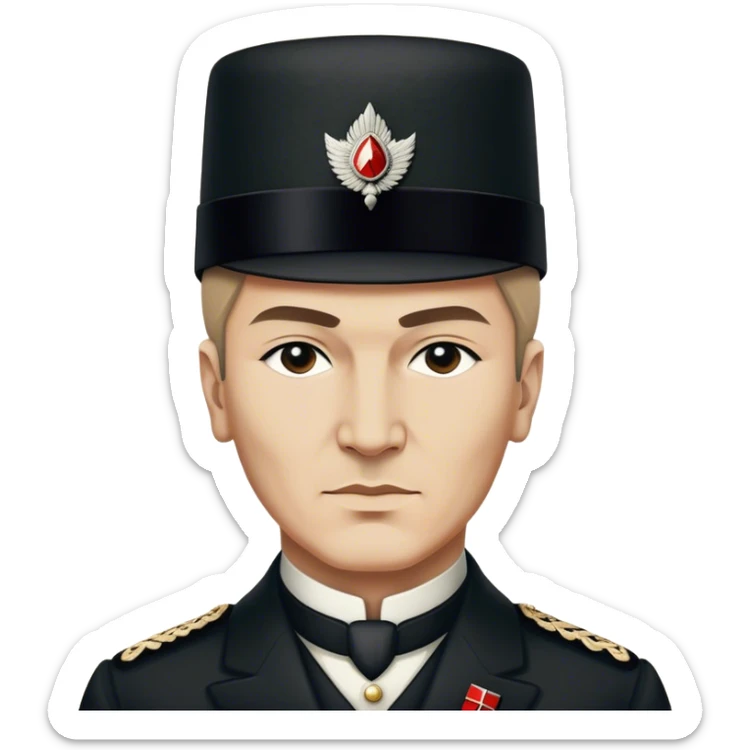 ​Cinematic Realistic Portrait of a Young Mustafa Kemal Atatürk, depicted in his iconic tall black hat and traditional attire with a confident, visionary expression, rendered with rich historical textures and warm, inspiring lighting that captures his youthful dynamism and transformative leadership, sticker