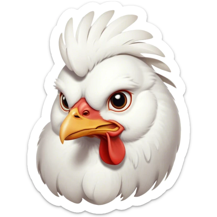 Cinematic Noble White Chicken Portrait Emoji, Poised and regal, with a compact, sturdy build and a pristine, well-groomed pure white plumage, deep-set soulful beady eyes, Simplified yet sharp and sophisticated features, highly detailed, glowing with a soft, dignified glow, high shine, intelligent and alert, stylized with an air of barnyard elegance, focused and attentive, soft glowing outline, capturing the essence of a watchful and confident fowl, so majestic it feels as though it could strut out of the screen with effortless authority! sticker