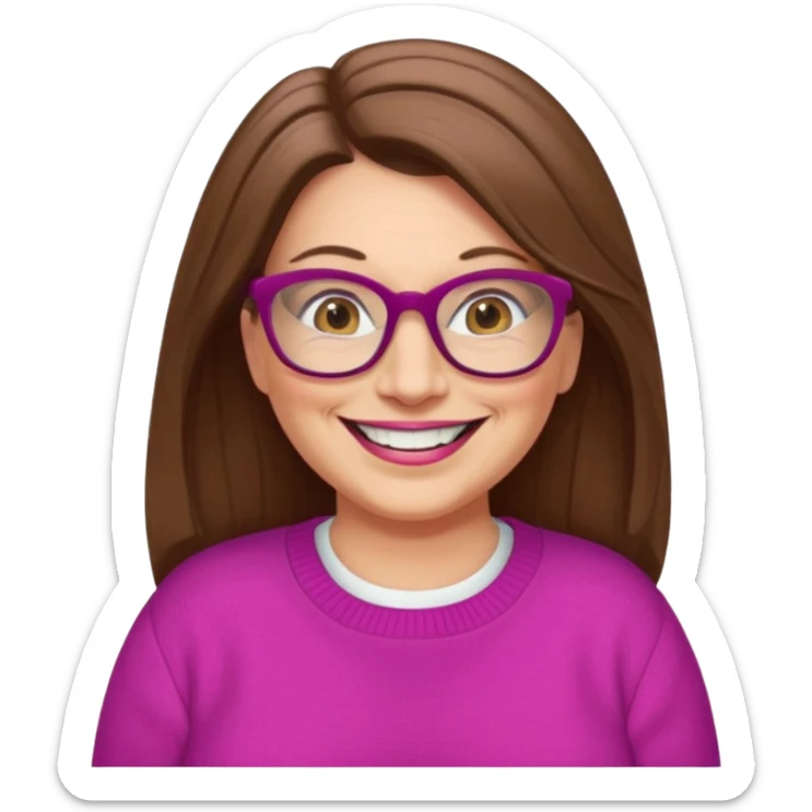 50 yr Caucasian woman, long brown hair parted on side, brown eyes, glasses, big smile, white teeth, fuscia sweater, chubby sticker