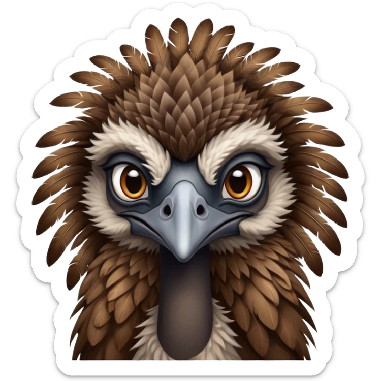Cinematic Noble Emu Portrait Emoji, Poised and regal, with a tall, slender build and a shaggy, well-groomed fur of earthy brown feathers, a long elegant neck and deep-set soulful eyes, Simplified yet sharp and sophisticated features, highly detailed, glowing with a soft, dignified glow, high shine, intelligent and stately, stylized with an air of outback majesty, focused and attentive, soft glowing outline, capturing the essence of a watchful and confident bird, so majestic it feels as though it could stride out of the screen with effortless authority! sticker