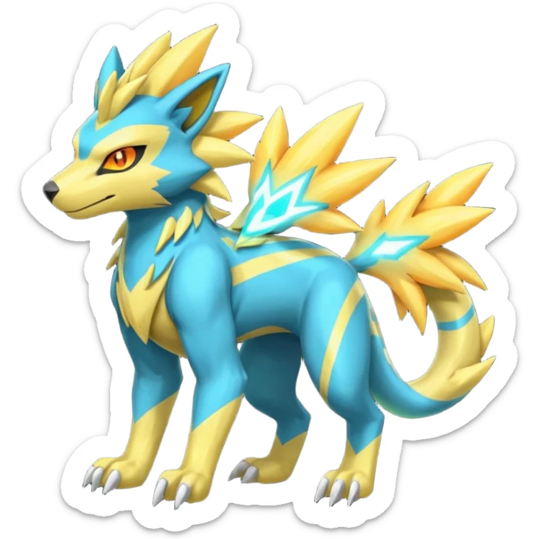 Cyan manectric-Electrike-Zeraora-fusion with neon-green stripes and orange eyes (full body) sticker