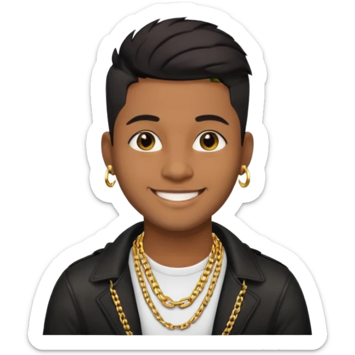modern style music producer, 30 years old, brown skin, short black undercut hair, wearing a gold chain, smiling sticker