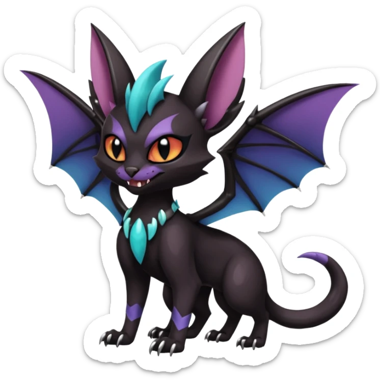 dark spooky badass cool shiny glossy smooth soft Black edgy Noivern-Noibat-Purloin-Torracat-Lykoi-Caracal-cat-Fakemon-fusion-hybrid-creature with bat wings on head as ears, big fangs, gothic markings sticker