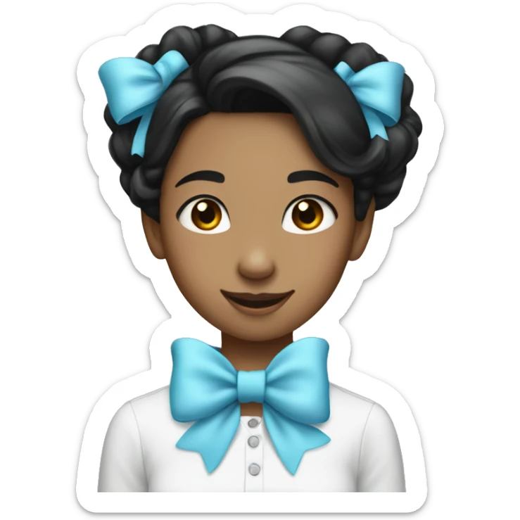 Girl with black medium hair with a light blue bow on her head, and she was smiling sticker