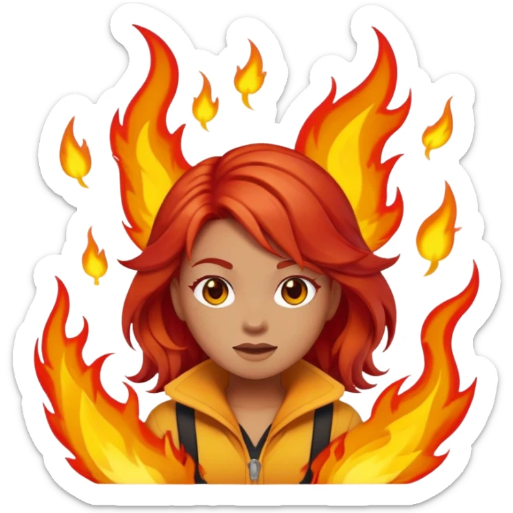 Amber from Brawl Stars as an emoji, featuring her signature fiery hair, confident expression, and flame-themed outfit sticker