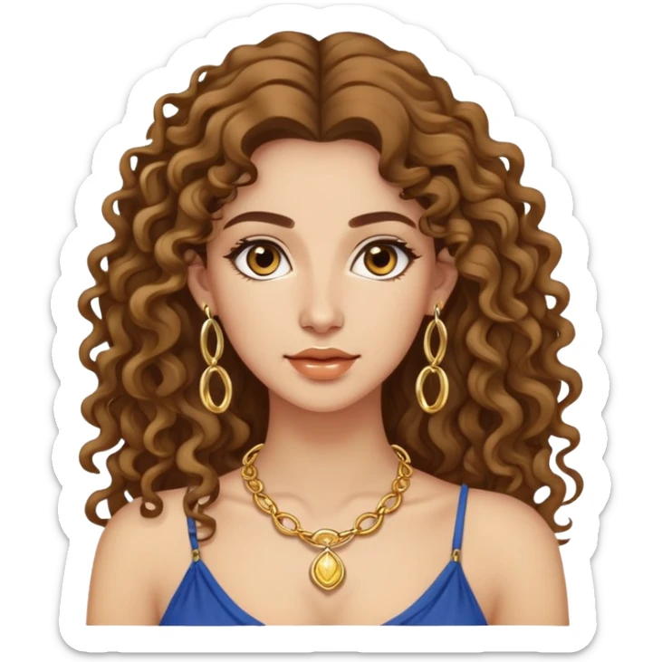 attractive Greek woman with long curly hair and light skin wearing gold hoop earrings and a gold necklace sticker