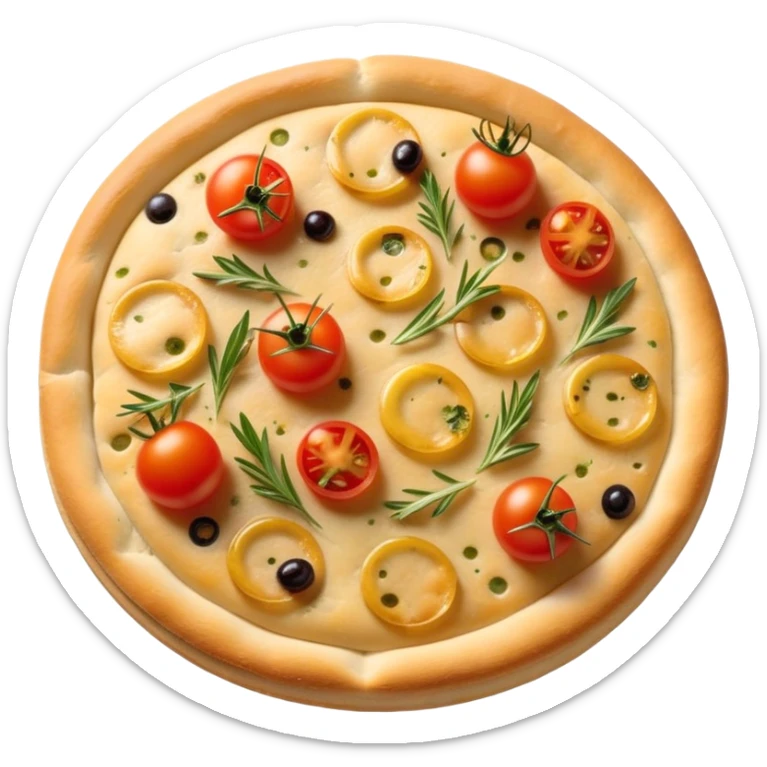 cinematic-realistic-focaccia-bread-dish-emoji,-depicted-as-a-golden,-olive-oil-brushed-flatbread-sprinkled-with-herbs-rendered-with-lifelike-texture-and-soft,-appetizing-lighting showing olives on top and the cherry tomatoes sticker