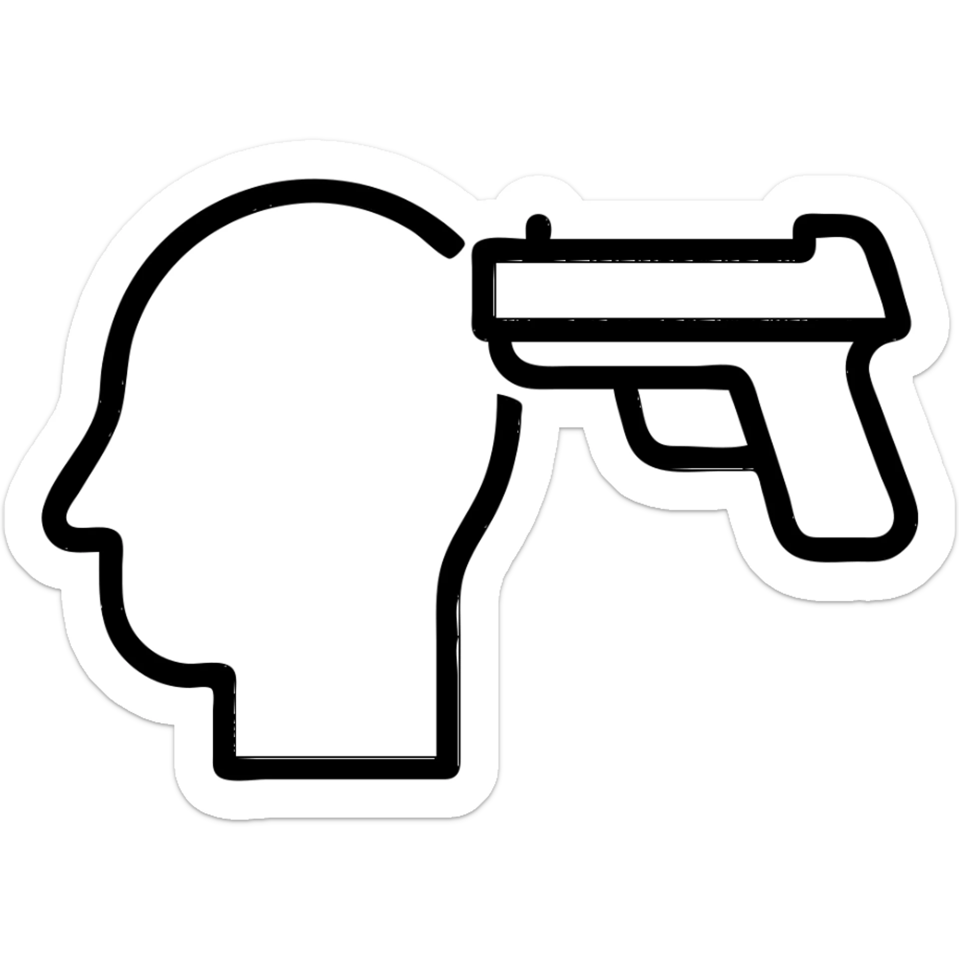 symbolic image of a cartoon head with a gun next to it, no violence, no blood, minimal style sticker