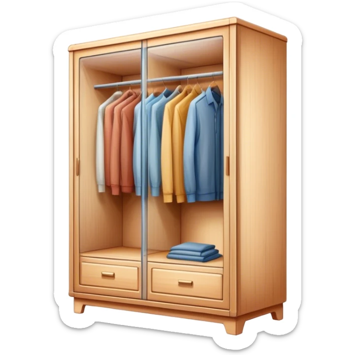 Icon for Furniture Design: a semi-transparent sketch of a wardrobe with a 3D model, pencil strokes, and development metrics. Without dress. The icon should represent the process of creating and refining furniture design. Transparent background. sticker
