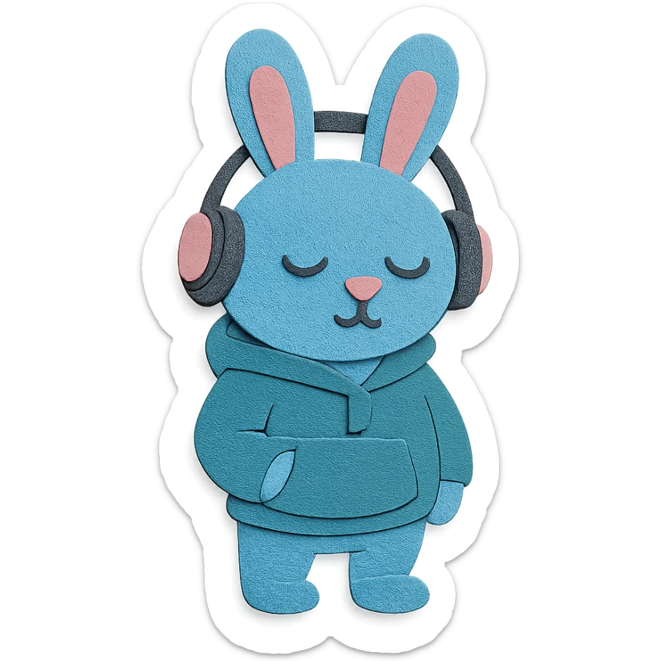 blue bunny in hoodie, one paw in pocket, headphones on, paper-craft style sticker