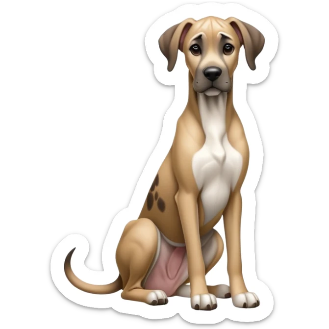 cinematic-[fawn great dane]-realistic-full-body-sitting-emoji,-tail-resting-loosely-beside-its-paws,-head-tilted-dramatically, ears drooped, -sleek-[fawn]-fur,-simplified-yet-realistic-focused-features,-highly-detailed,-glowing-with-an-almost-sarcastic-glow sticker