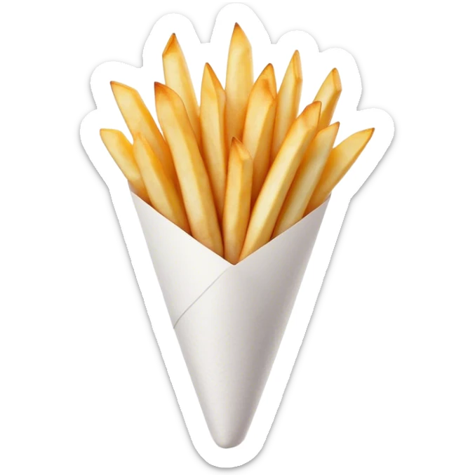 Belgian Fries Cinematic Realistic Belgian Fries Dish Emoji, depicted as a generous serving of crispy fries neatly presented in a white paper cone, rendered with vivid textures and appetizing, natural lighting. sticker